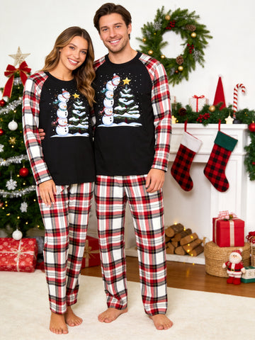 Stacking Snowmen Decorating Christmas Tree Matching Couple Pajamas Holiday Set