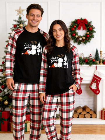 Let It Snow Funny Snowman Graphic Matching Couple Christmas Pajamas Holiday PJs
