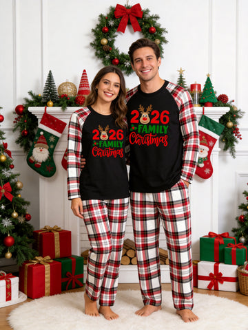 2026 Reindeer Antler Graphic Matching Couple Christmas Pajamas Holiday Sleepwear Set