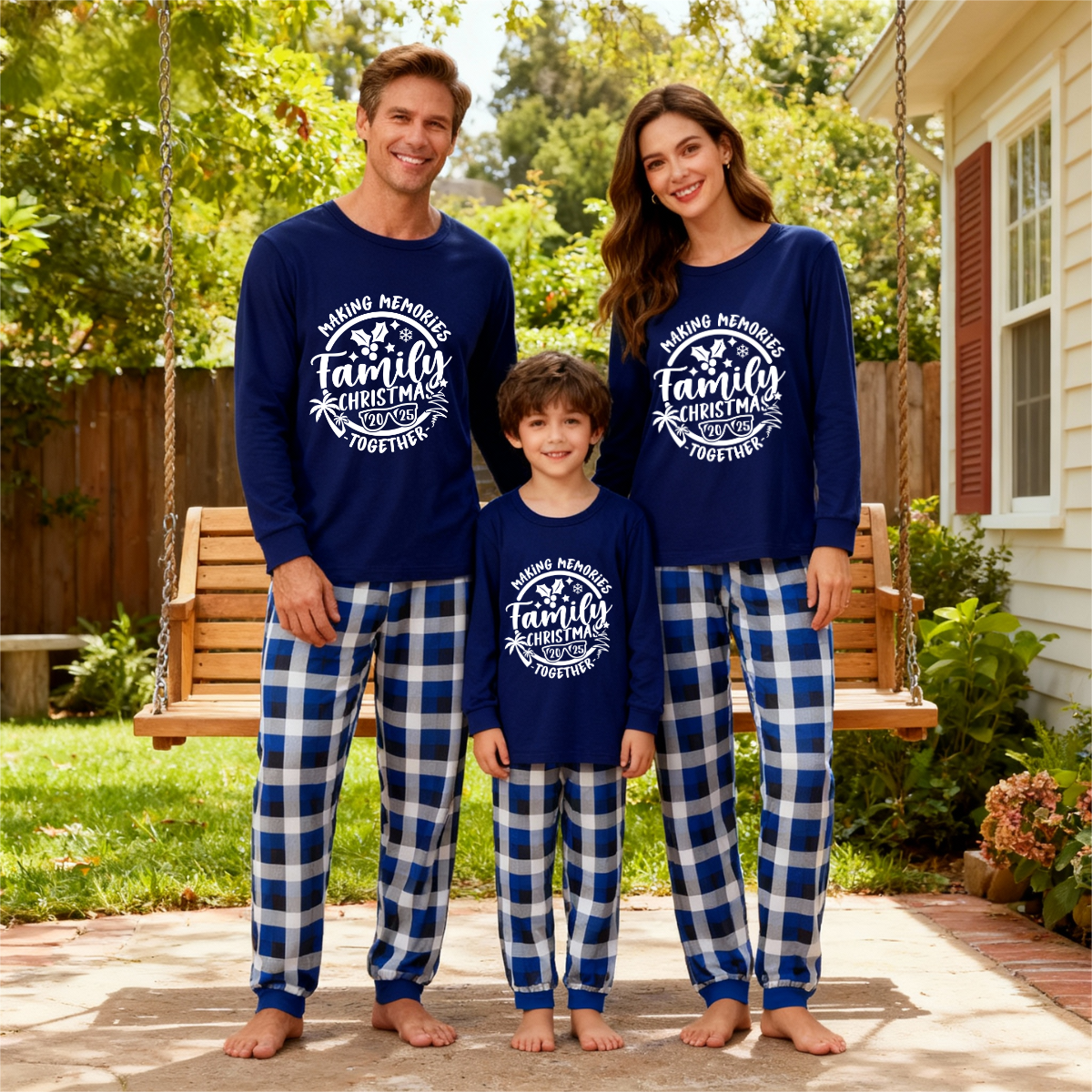 "2025 Family Christmas Making Memories Together" Printed Blue and White Plaid Family Matching Pajamas