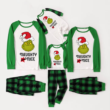 Christmas "Naughty&Nice" Letter Print Patterned Casual Long Sleeve Sweatshirts Green Contrast Tops and Black and Green Plaid Pants  Family Matching Raglan Long-sleeve Pajamas Sets With Pet Bandana