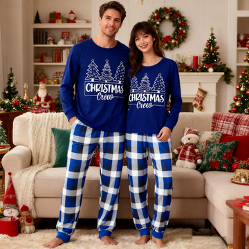 "Christmas Crew" and Trees Blue Long Sleeves with Blue Plaid Couple Matching Pajamas