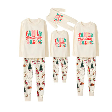 Beige Christmas Pattern Print Christmas Pajamas Set With Colorful "Family Christmas 2026" Text Print