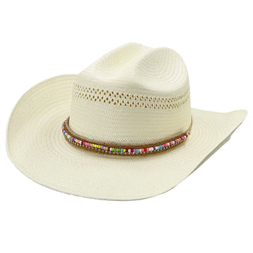 Straw Hat with Multicolored Beaded Hatband