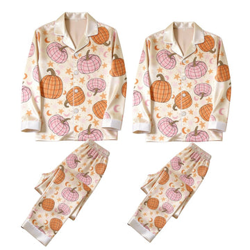 Cute Autumn Pumpkin & Star Print Satin Matching Pajamas for Couples – Long Sleeve Button-Down Top & Pants Sleepwear Set