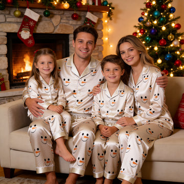 Cute Snowman Face Print Satin Button-Up Family Christmas Pajamas Set