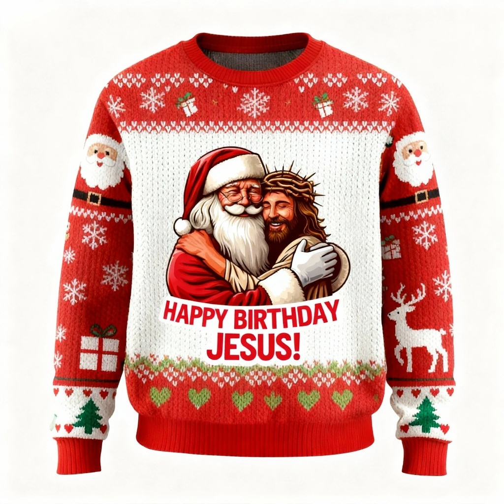 Soft Fleece Santa & Jesus Pattern Ugly Sweater - Unisex Christmas Party Essential