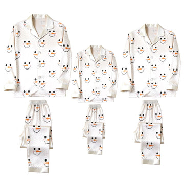 Cute Snowman Face Print Satin Button-Up Family Christmas Pajamas Set