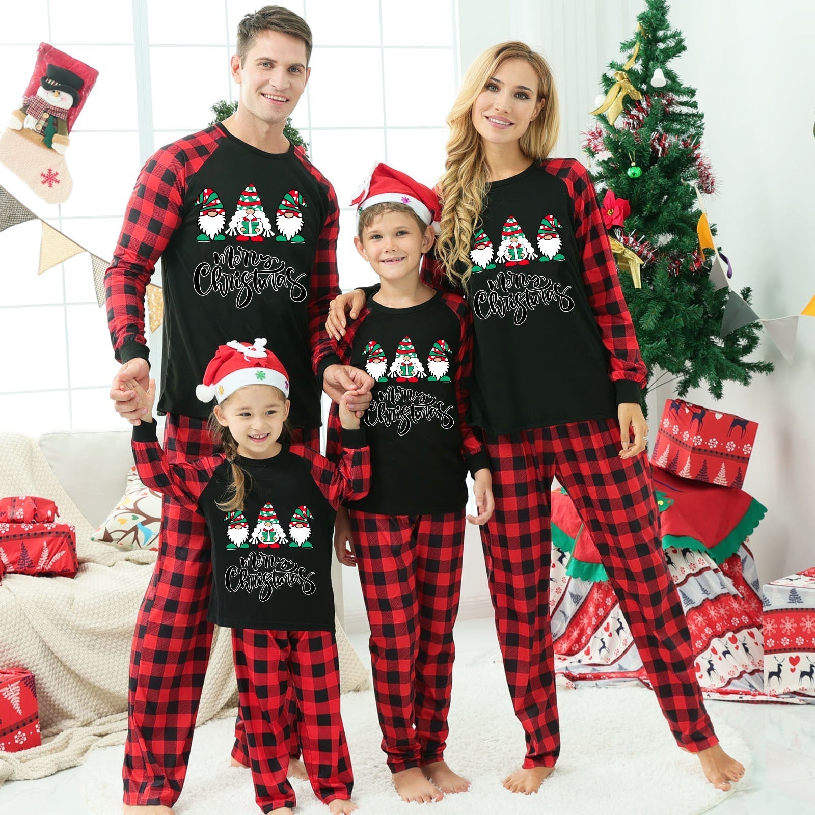 Merry Christmas Cute Gnome Print Casual Long Sleeve Sweatshirts Grey Contrast Top and Black & Red Plaid Pants Family Matching Pajamas Set With Dog Bandana