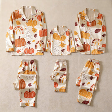 Autumn Pumpkin and Leaf Print Satin Button-Up Family Pajamas Set