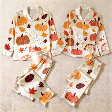 Autumn Harvest Pumpkin & Leaf Print Satin Matching Pajamas for Couples – Long Sleeve Button-Down Top & Pants Sleepwear Set