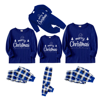 "Merry Christmas" Text Printed Blue and White Plaid Family Matching Pajamas