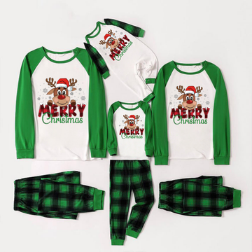 Merry Christmas and Deer Print Long Sleeve Top With Green & Black Plaid Christmas Family Matching Pajamas