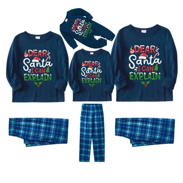 "Dear Santa I can Explain" Slogan Printed Blue Plaid Family Matching Pajamas