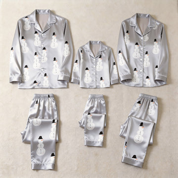 Grey Snowman Print Satin Button-Up Family Christmas Pajamas Set