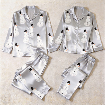 Winter Snowman Print Satin Matching Pajamas for Couples – Long Sleeve Button-Down Top & Pants Sleepwear Set