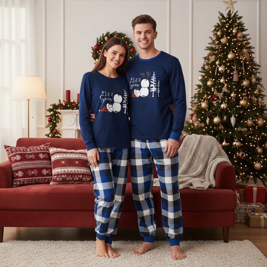 Couple Matching Blue and White Plaid Pajamas With "Let it Snow" Text and Snowman Printed
