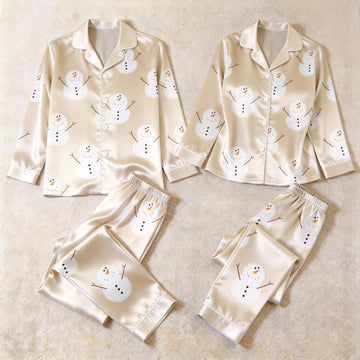 Creamy Beige Snowman Print Satin Matching Pajamas for Couples – Long Sleeve Button-Down Top & Pants Sleepwear Set
