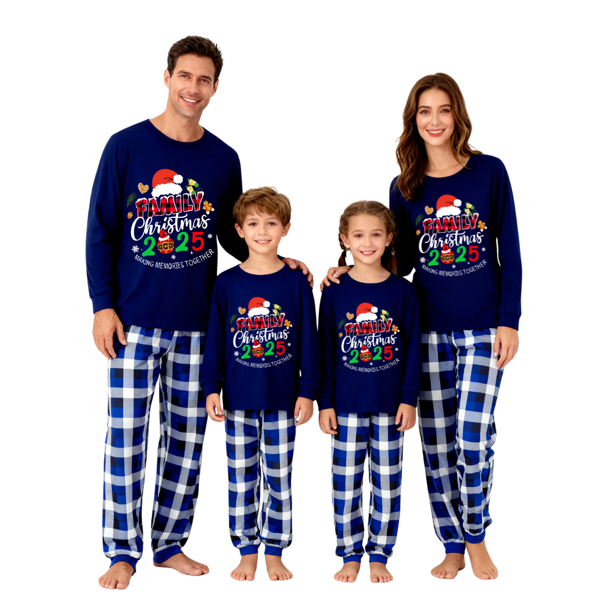 "Family Christmas 2025 Making Memories Together" Text and Santa Hat Printed Blue and White Plaid Family Matching Pajamas