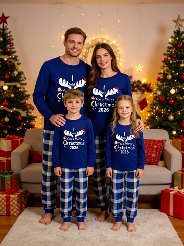 Family Matching Christmas Pajama Set 2026, I Wish You A Merry Christmas Reindeer Print Long Sleeve Top, Navy Blue Buffalo Plaid Pocket Pants, Cozy Festive Family Sleepwear for Holiday Photos