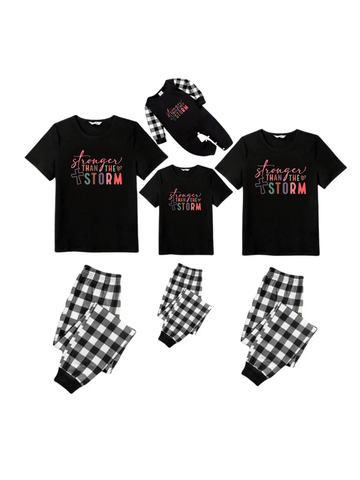 Strong Than The StrongText Printed Black Short Sleeve and Black&White Plaid Pants Family Matching Pajamas Set