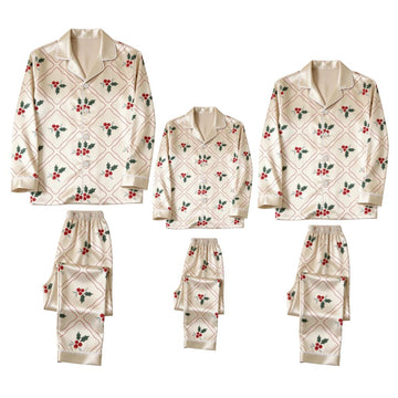 Cream Holly Berry Print Satin Button-Up Family Christmas Pajamas Set