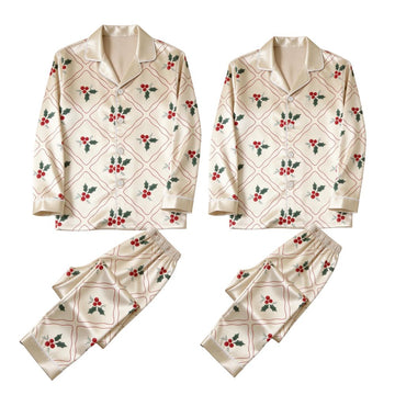 Classic Holly Berry & Diamond Grid Satin Matching Pajamas for Couples – Long Sleeve Button-Down Top & Pants Sleepwear Set