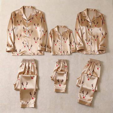 Champagne Reindeer Face Print Satin Button-Up Family Christmas Pajamas Set