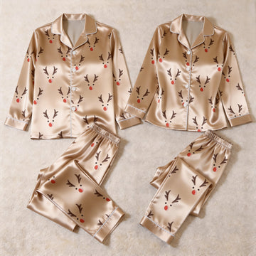 Cute Reindeer Face Print Satin Matching Pajamas for Couples – Long Sleeve Button-Down Top & Pants Sleepwear Set