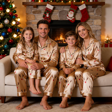 Champagne Reindeer Face Print Satin Button-Up Family Christmas Pajamas Set