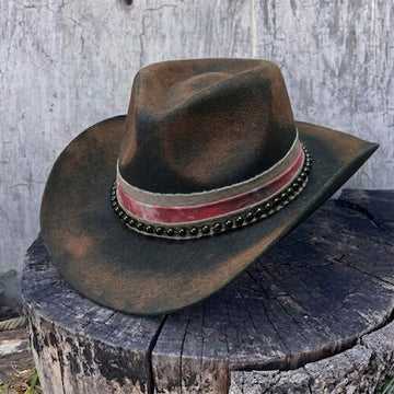Distressed Black Rolled Brim Hat with Beaded Band