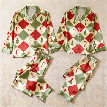 Retro Christmas Argyle & Candy Cane Satin Matching Pajamas for Couples – Long Sleeve Button-Down Top & Pants Sleepwear Set