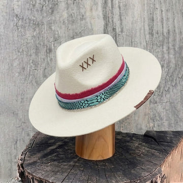 Off-White Felt Hat - Custom Green & Red Fabric Strap