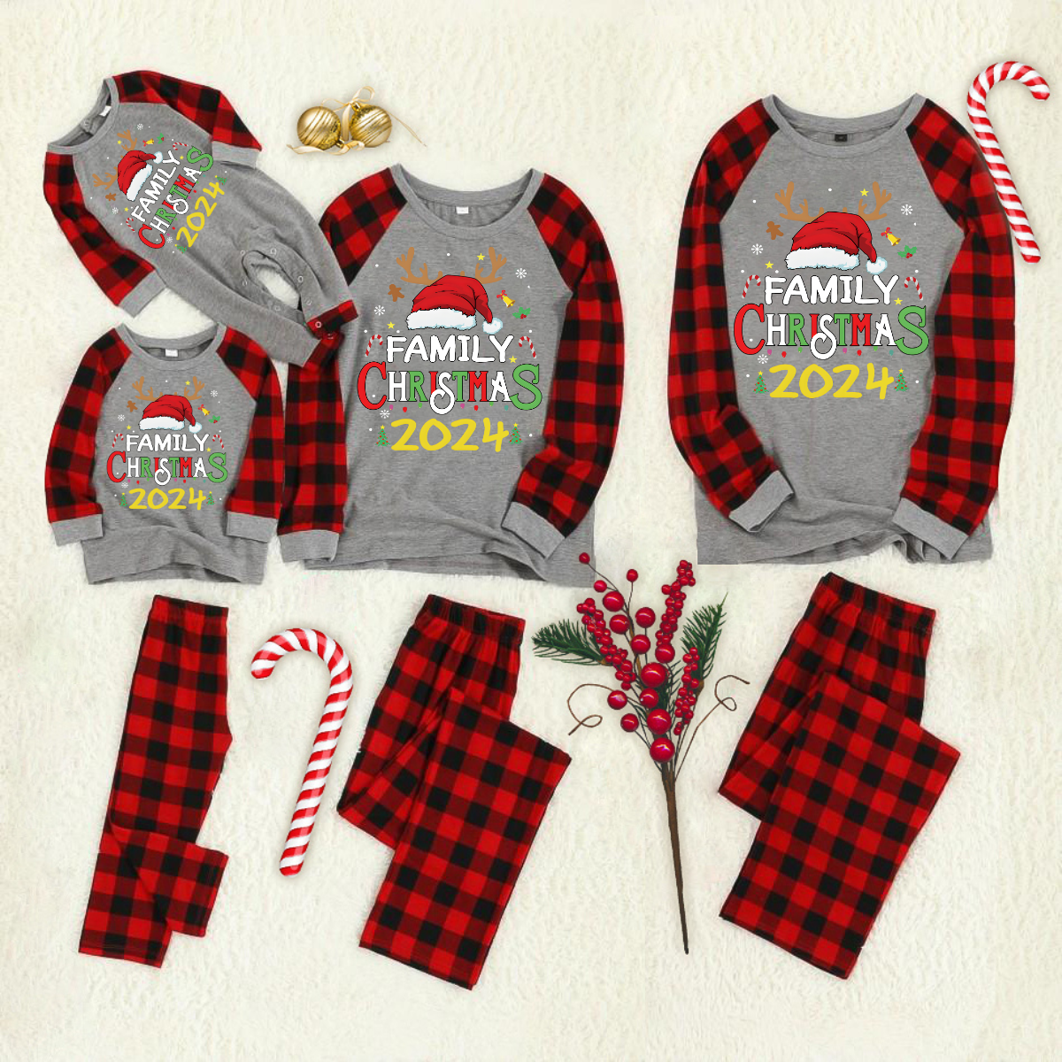 Family Christmas Shirts Santa Hat Christmas Deer Patterned and 'FAMILY CHRISTMAS 2024  ' Letter Print Casual Long Sleeve Sweatshirts Grey Contrast Top and Black & Red Plaid Pants Family Matching Pajamas Set With Pet Bandana