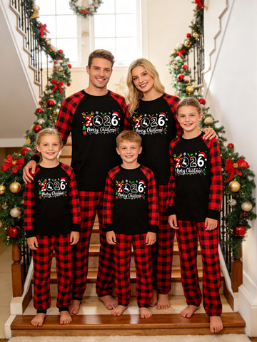 2026 Merry Christmas Family Matching Pajamas Set, Buffalo Plaid Raglan Long Sleeve Printed Top, Plaid Pants With Pockets Holiday Sleepwear