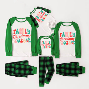 Christmas ‘ Family Christmas 2026’ Letter Print Patterned  Casual Long Sleeve Sweatshirts Green Contrast Tops and Black and Green Plaid Pants  Family Matching Raglan Long-sleeve Pajamas Sets With Dog Bandana