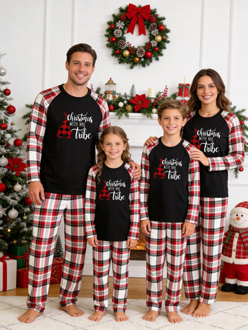 Rustic Plaid Tribe Print Black Raglan Matching Family Christmas Pajamas PJs