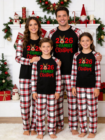 2026 Reindeer Antler Graphic Matching Family Christmas Pajamas Holiday Sleepwear Set