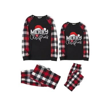 Red Santa Hat "Merry Christmas" Letter Print Black Long Sleeves Top with Vintage Black and Red Large Check Pants Couple Matching Pajamas