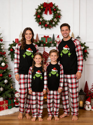 Funny Holiday Cartoon Style Print Black Raglan Matching Family Christmas Pajamas