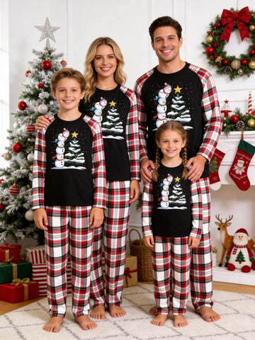 Stacking Snowmen Decorating Christmas Tree Matching Family Pajamas Holiday Set