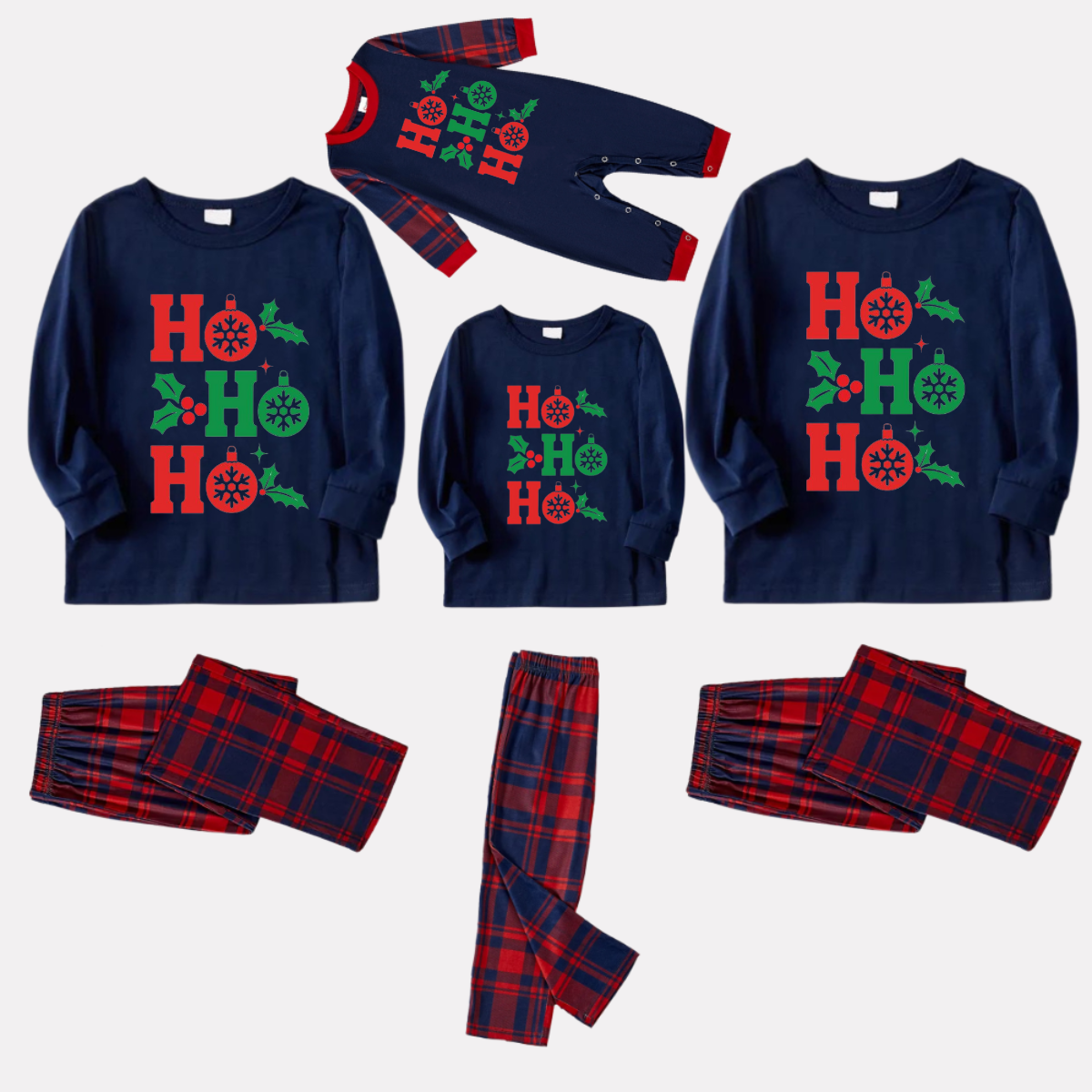 "HO HO HO" Letter Christmas 2024 Blue Long Sleeve Top with Blue & Red Plaid Family Matching Pajamas