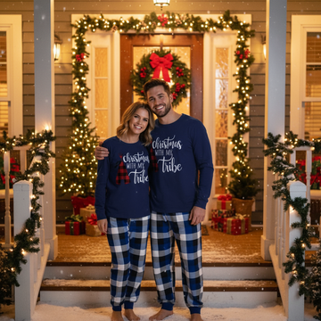 "Christmas With My Tribe"  Pattern Blue Long Sleeves with Blue&White&Black Plaid Pants Couple Matching Pajamas