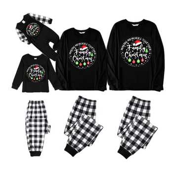 "MAKING MEMORIES TOGETHER FAMILY CHRISTMAS 2025" Text Pattern - Black Long Sleeve Top with Black And White Plaid Pants Family Matching Pajamas