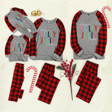 'Have a Holly Jolly Christmas' Letter Print Patterned Grey Contrast top and Black & Red Plaid Pants Family Matching Pajamas Set With Dog Bandana