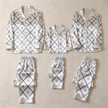 White Blue Diamond Grid Red Flower Print Satin Button-Up Family Christmas Pajamas Set