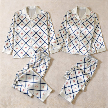 Vintage Floral Diamond Grid Satin Matching Pajamas for Couples – Long Sleeve Button-Down Top & Pants Sleepwear Set