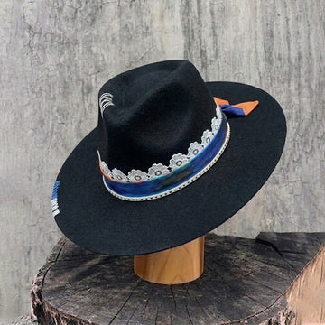 Black Straight Brim Felt Hat with Lace & Artistic Band