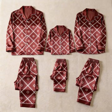 Burgundy White Diamond Grid Floral Print Satin Button-Up Family Christmas Pajamas Set