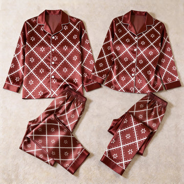 Burgundy Floral Diamond Grid Satin Matching Pajamas for Couples – Long Sleeve Button-Down Top & Pants Sleepwear Set